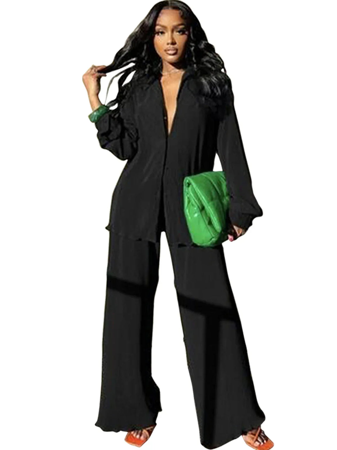 CLEO™ – Chic Collared Long Sleeve and Wide-Leg Pant Set - MABEL LONDON