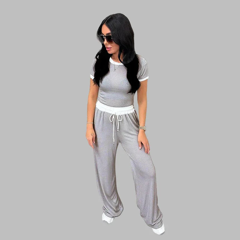 PLATU™ - Casual Short Sleeve and Wide Leg Pants Set - MABEL LONDON