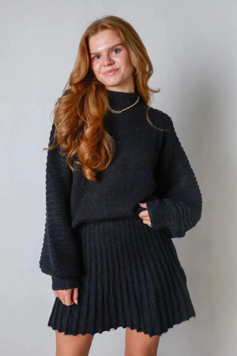 PEBBLES™ - Chic Long-Sleeve Sweater and Mini Skirt Set - MABEL LONDON