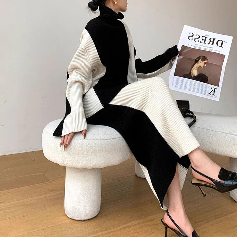 PIYA™ - Elegant Turtle Neck Long Sleeve Top and Skirt Set - MABEL LONDON