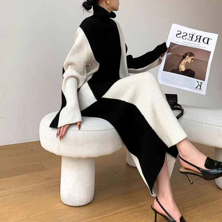 PIYA™ - Elegant Turtle Neck Long Sleeve Top and Skirt Set - MABEL LONDON