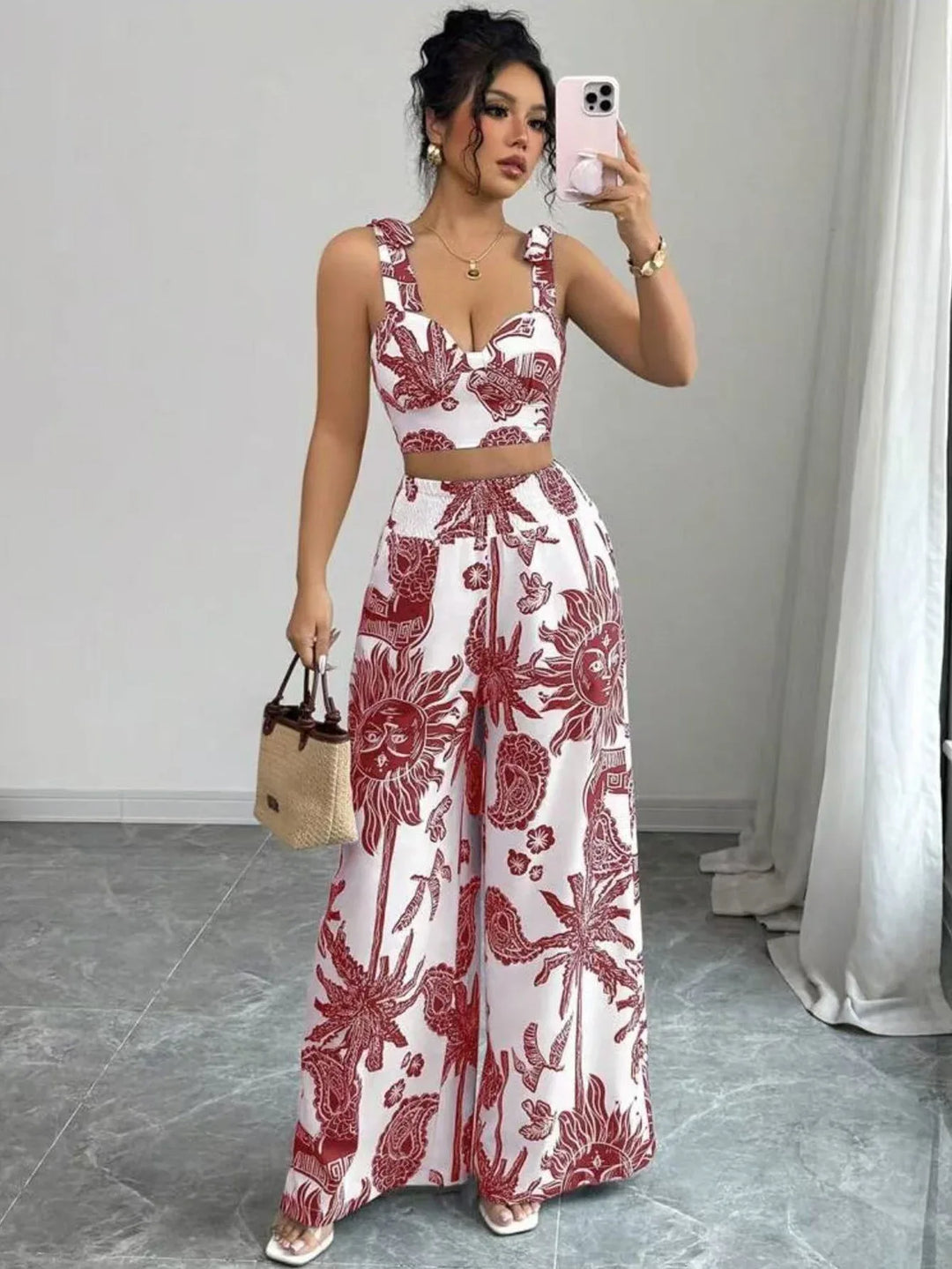 VONY™ – Elegant Boho Printed Crop and Wide Leg Pants Set - MABEL LONDON