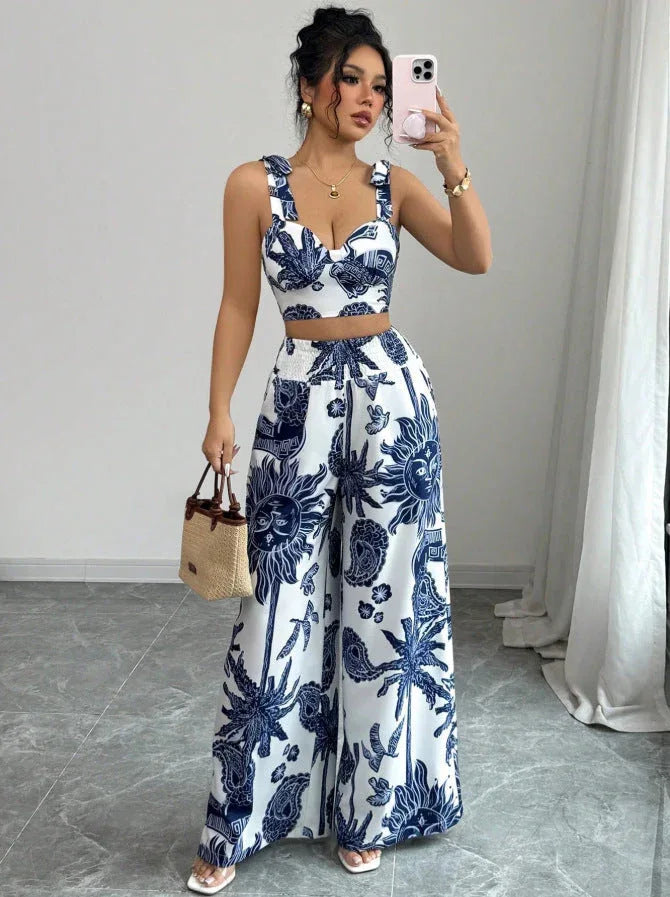 VONY™ – Elegant Boho Printed Crop and Wide Leg Pants Set - MABEL LONDON
