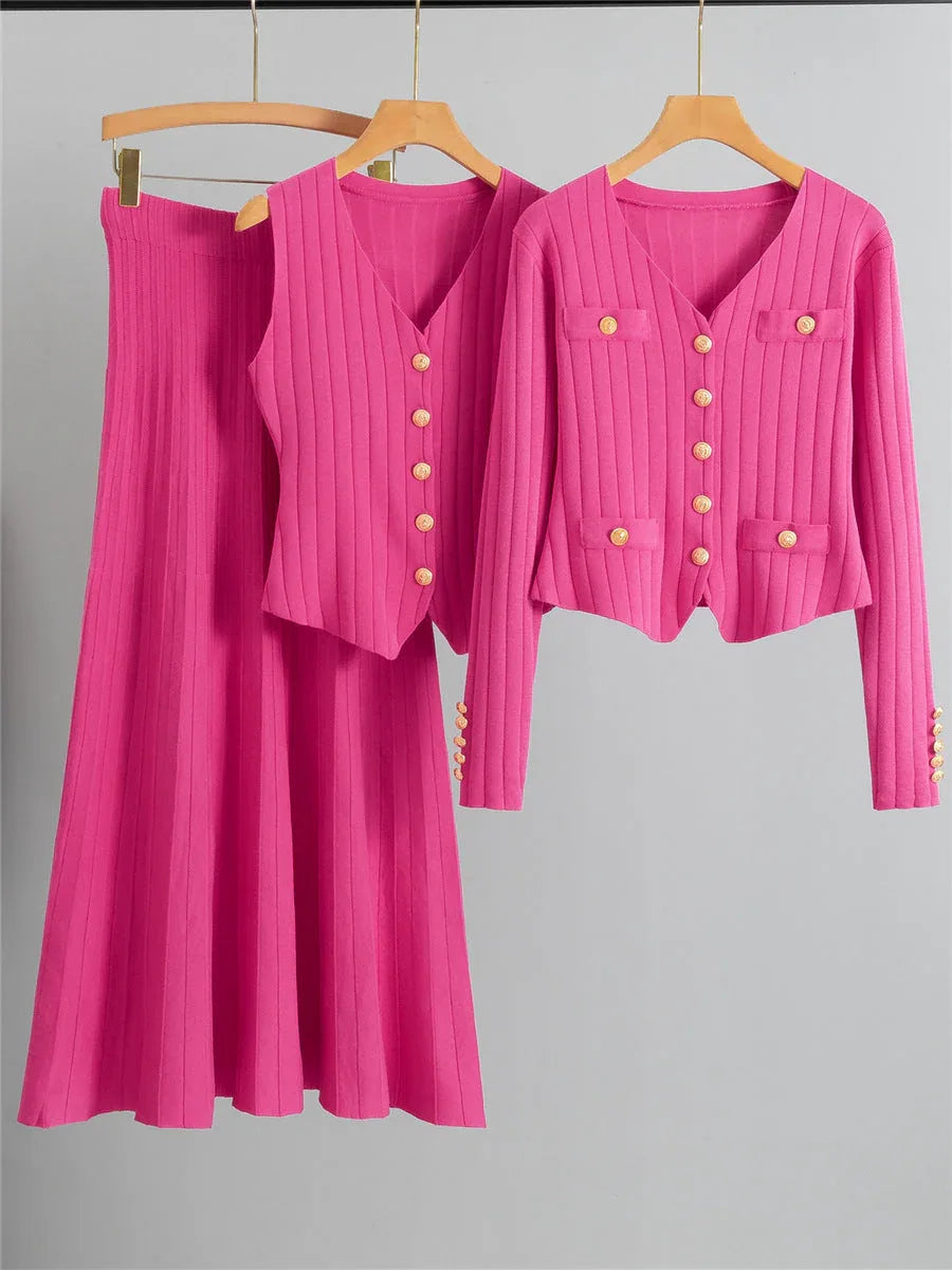 XANDY™ - Elegant V-Neck Buttoned Vest and High Waist Skirt - MABEL LONDON