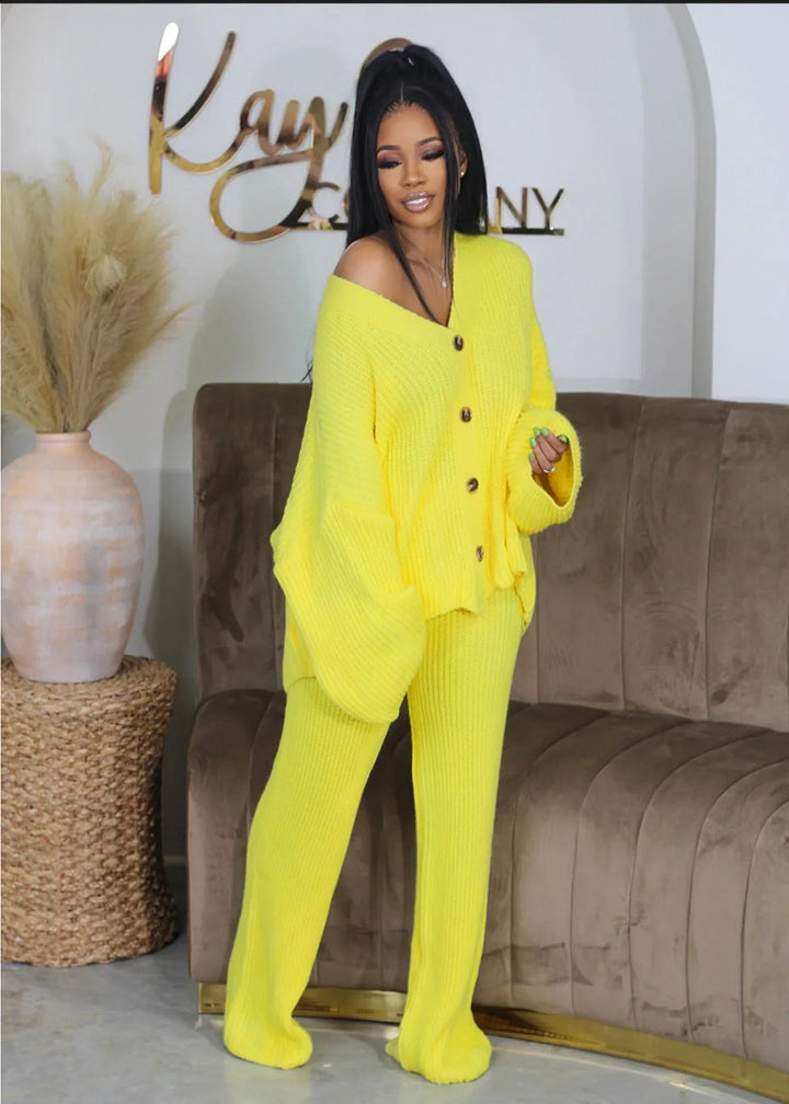 AMIKA™ - Casual V-Neck Cardigan and Wide Leg Pants Set - MABEL LONDON