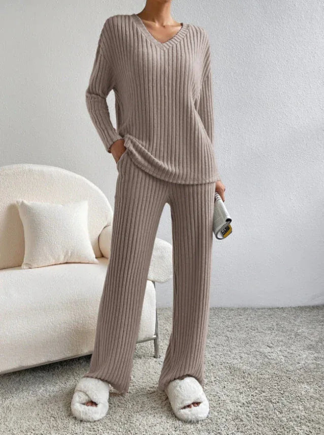ELMER™ - Casual Long Sleeve V-Neck Top and Pants Set - MABEL LONDON
