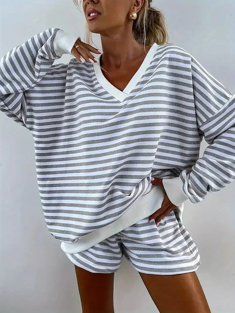 NOLANI™ – Relaxed Fit Striped V-Neck Lounge Set - MABEL LONDON