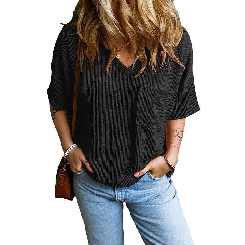 JANELLE™ – Casual Textured Pocket V-Neck Tee - MABEL LONDON