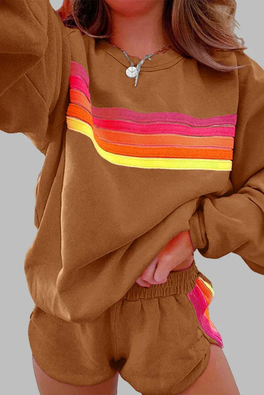 JOVIE™ - Comfy Striped Crew Neck Top and Shorts Pajama Set - MABEL LONDON