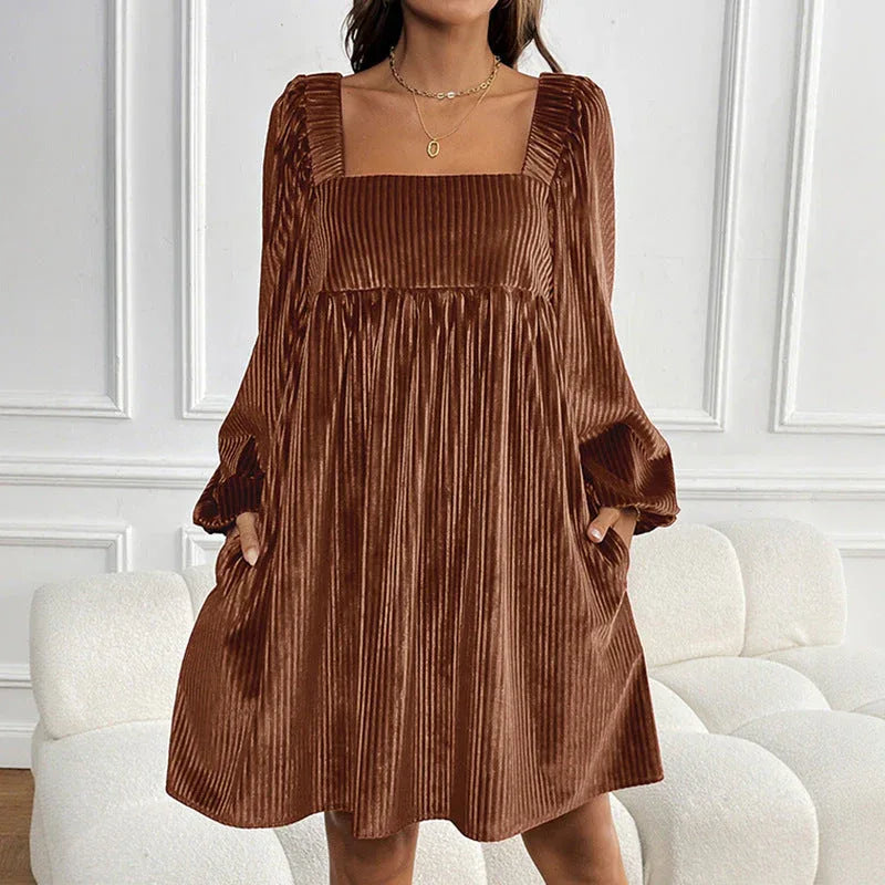 KEYZI™ - Cozy Plain Bishop Sleeve Square Neck Mini Dress - MABEL LONDON