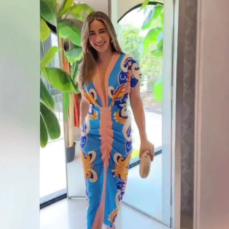 LUCIANA™ – Elegant Casual Short Sleeve Midi Dress - MABEL LONDON