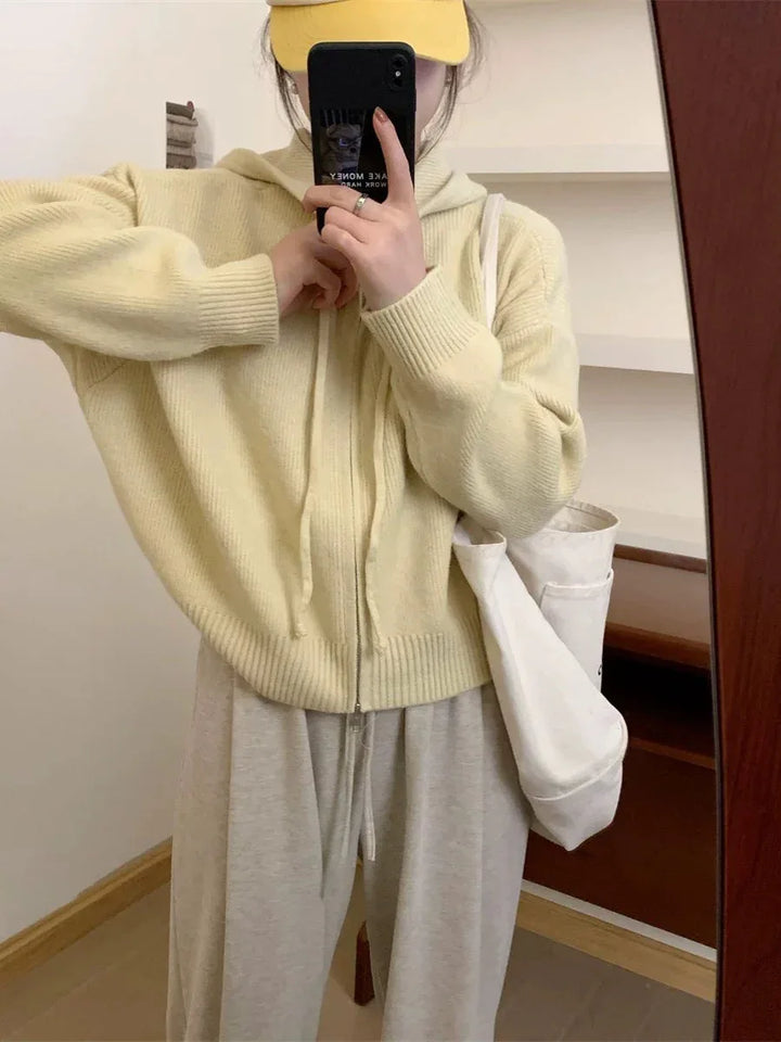 QUESTA™ - Casual Zip Up Long Sleeve Hooded Cardigan - MABEL LONDON