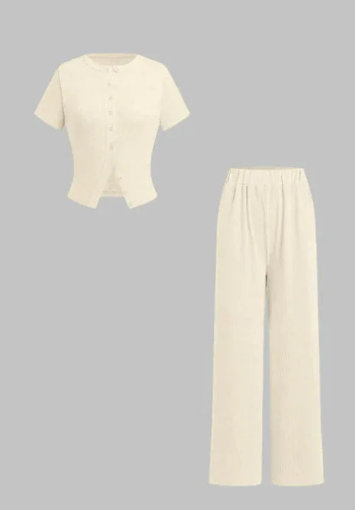 MIRANDA™ - Casual Button Front Top and Wide Leg Pants Set - MABEL LONDON