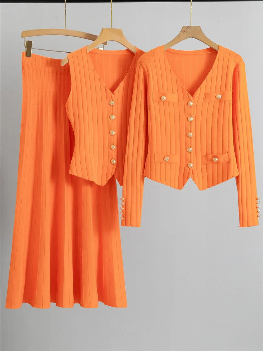 XANDY™ - Elegant V-Neck Buttoned Vest and High Waist Skirt - MABEL LONDON