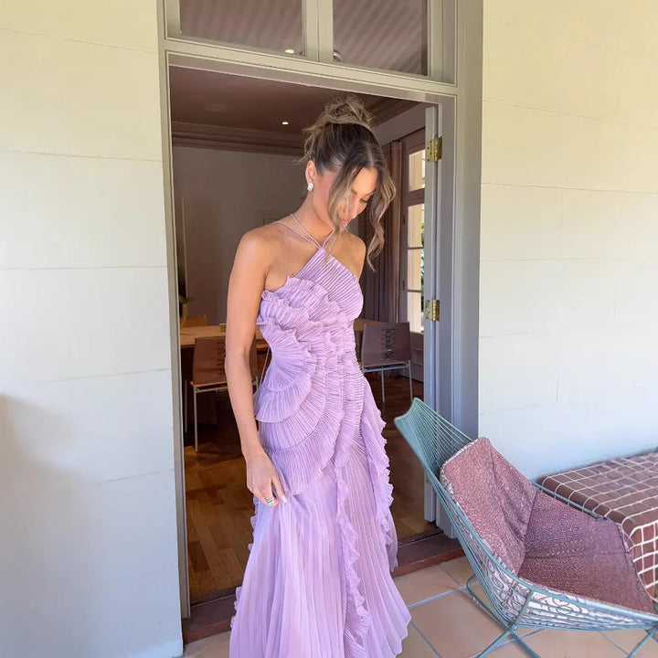 REGINE™ - Elegant Halter Neck Lotus Summer Maxi Dress - MABEL LONDON