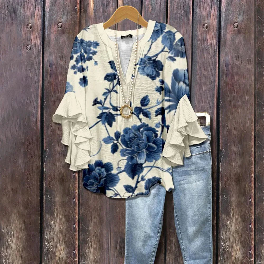BLAIRLY™ - Vintage Retro Ruffle Sleeve Floral Blouse - MABEL LONDON