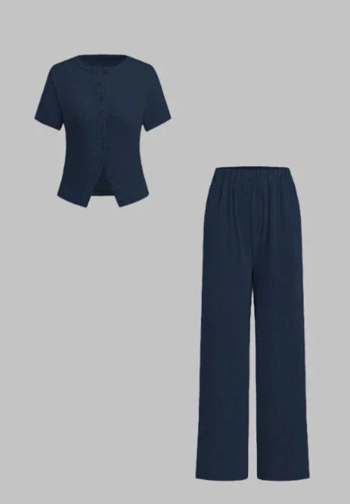 MIRANDA™ - Casual Button Front Top and Wide Leg Pants Set - MABEL LONDON