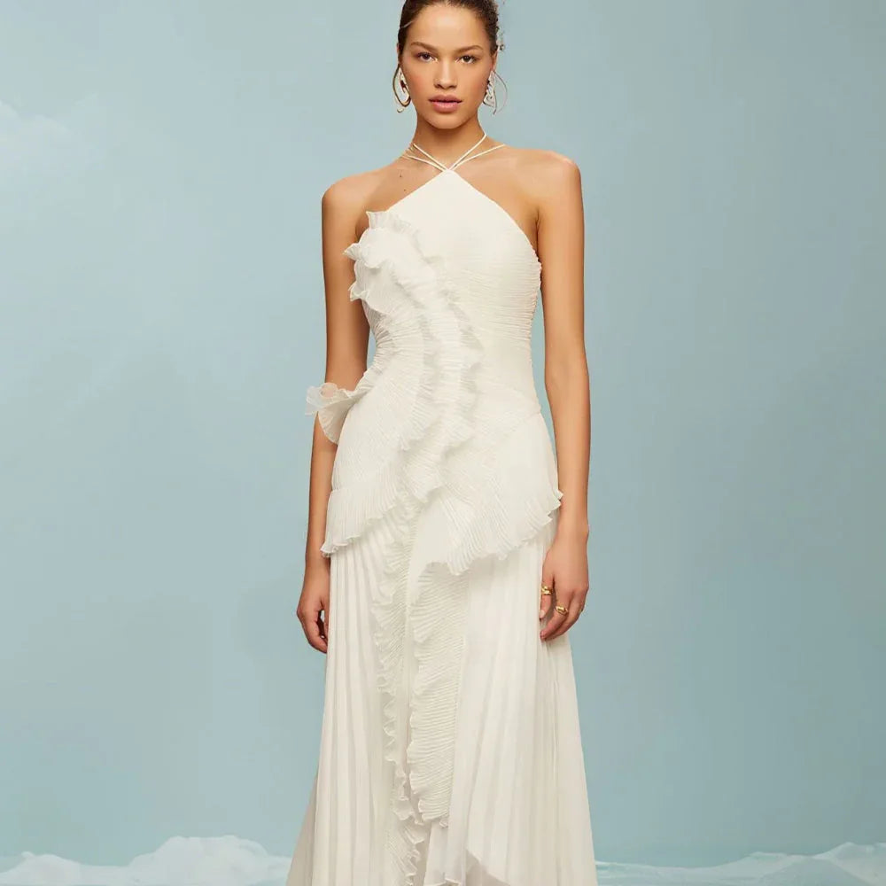 REGINE™ - Elegant Halter Neck Lotus Summer Maxi Dress - MABEL LONDON