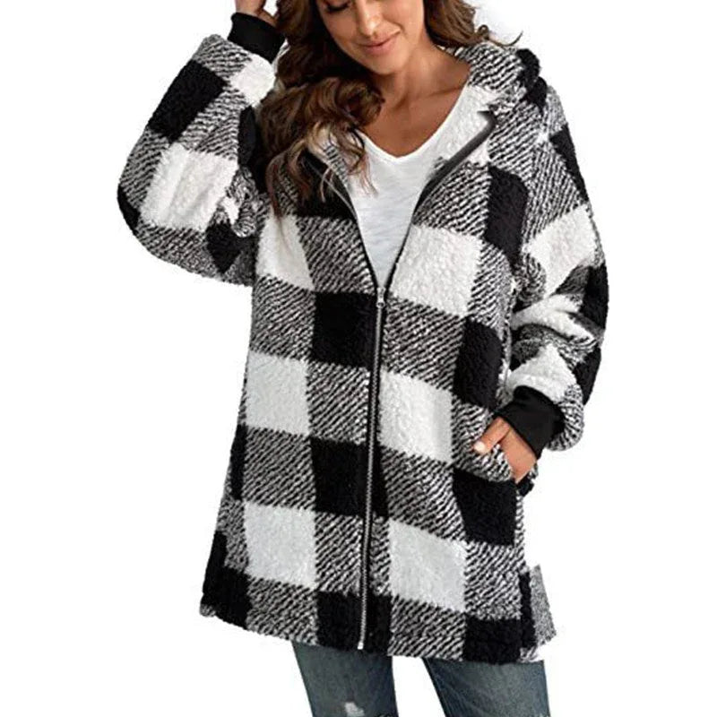 ARABELLA™ - Plaid Fleece Long Sleeve Hooded Coat - MABEL LONDON