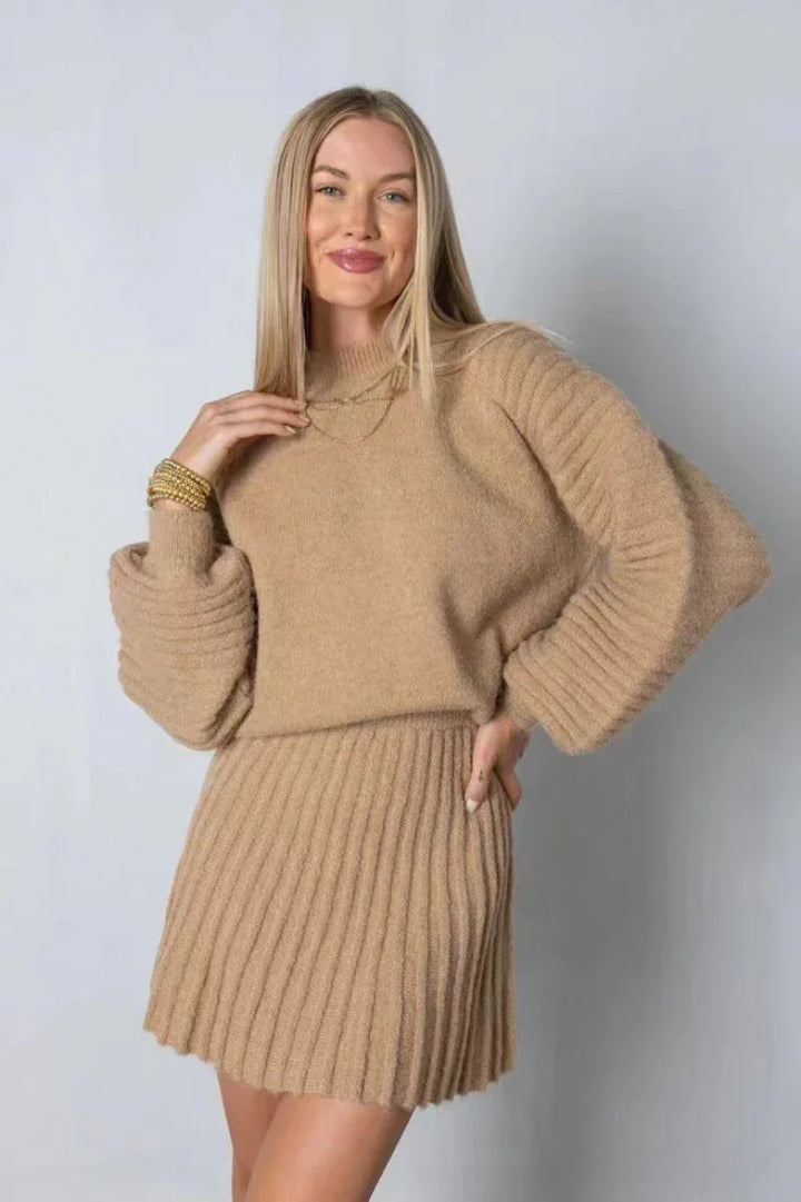 PEBBLES™ - Chic Long-Sleeve Sweater and Mini Skirt Set - MABEL LONDON