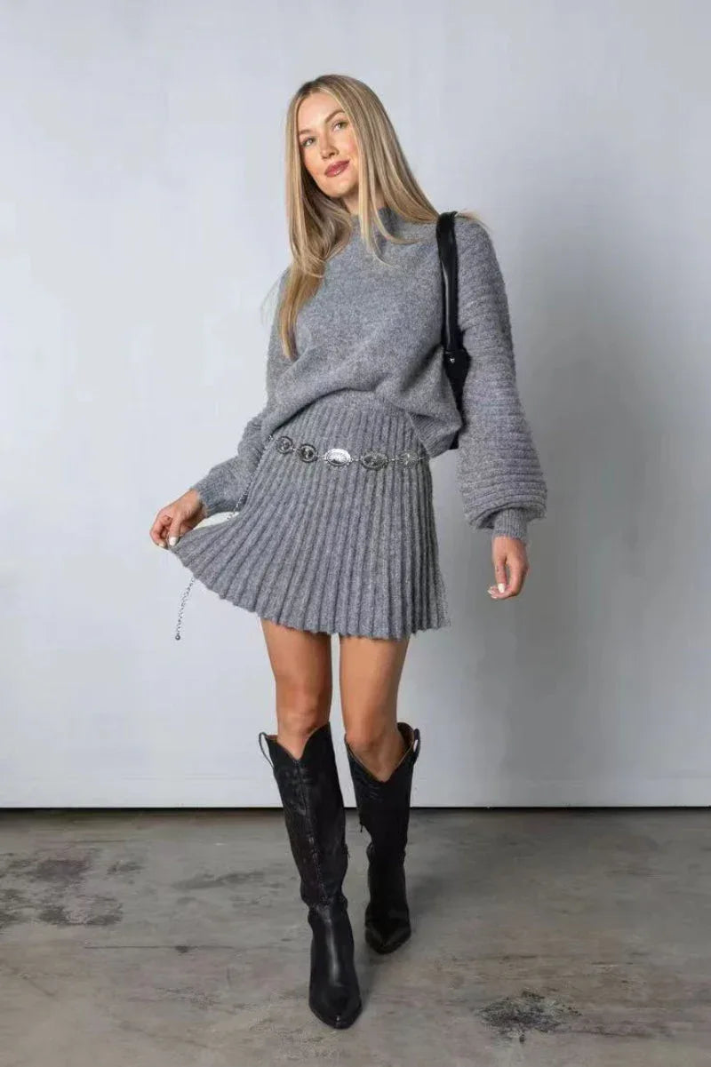 PEBBLES™ - Chic Long-Sleeve Sweater and Mini Skirt Set - MABEL LONDON