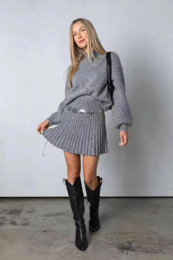 PEBBLES™ - Chic Long-Sleeve Sweater and Mini Skirt Set - MABEL LONDON