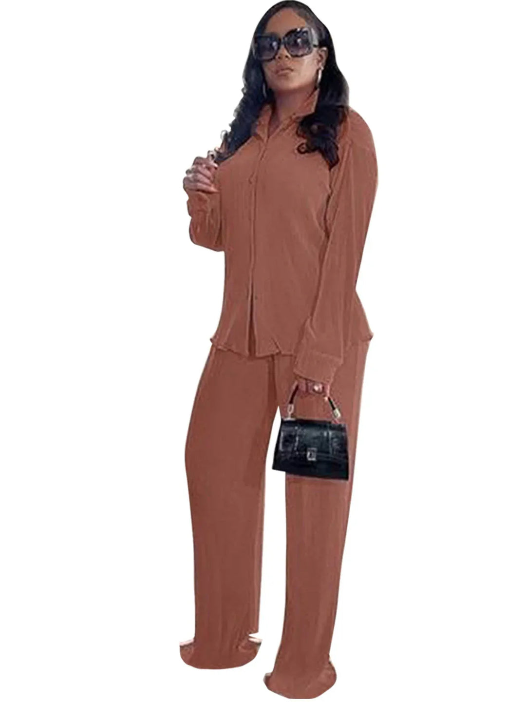 CLEO™ – Chic Collared Long Sleeve and Wide-Leg Pant Set - MABEL LONDON