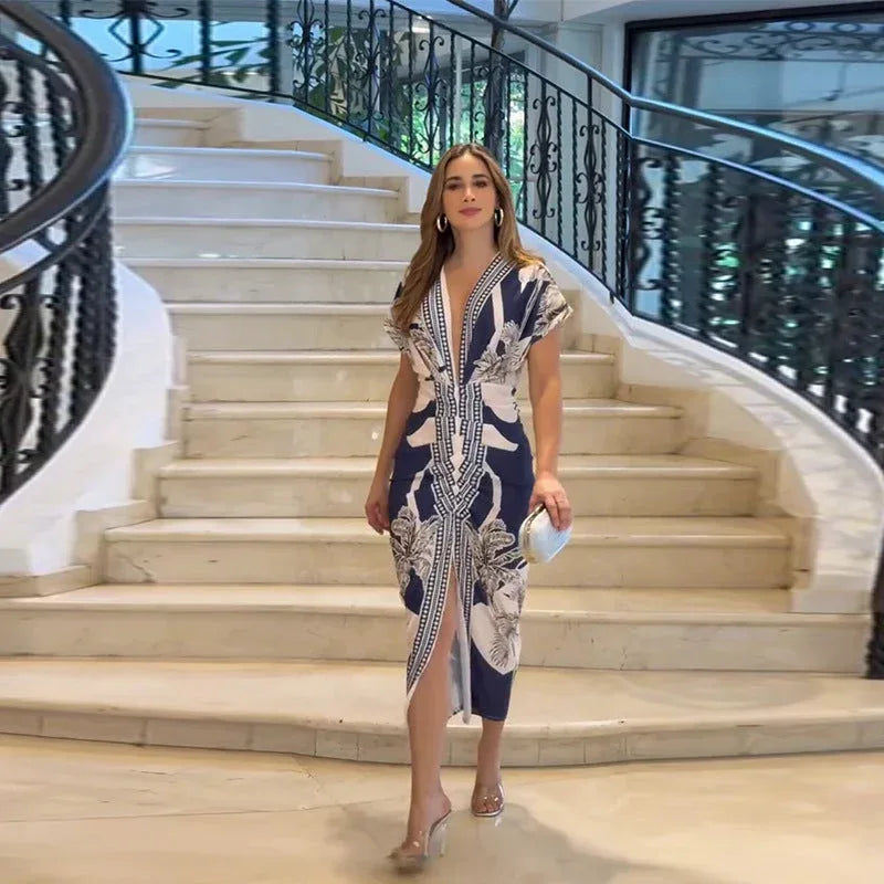 LUCIANA™ – Elegant Casual Short Sleeve Midi Dress - MABEL LONDON