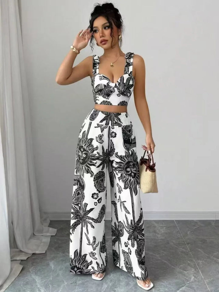 VONY™ – Elegant Boho Printed Crop and Wide Leg Pants Set - MABEL LONDON