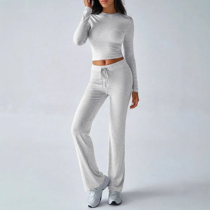 KUTIS™ - Casual Round Neck Crop Top and Drawstring High Waist Pants Set - MABEL LONDON