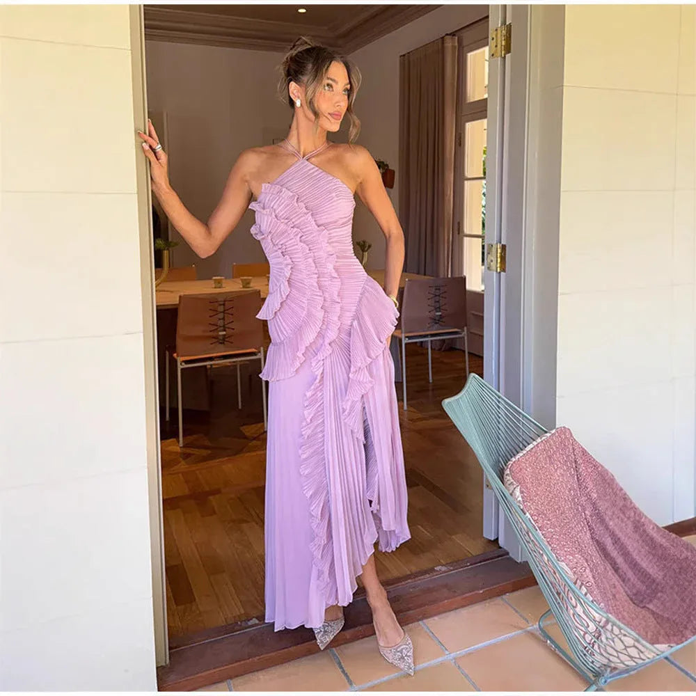 REGINE™ - Elegant Halter Neck Lotus Summer Maxi Dress - MABEL LONDON