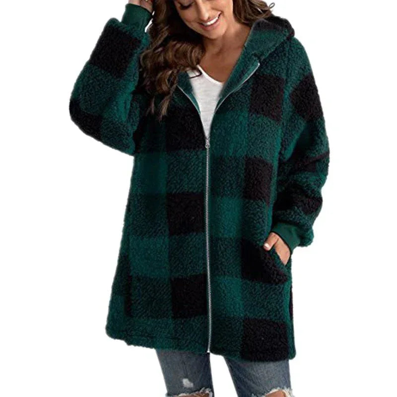 ARABELLA™ - Plaid Fleece Long Sleeve Hooded Coat - MABEL LONDON