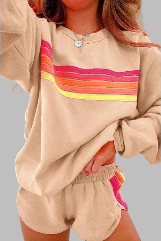 JOVIE™ - Comfy Striped Crew Neck Top and Shorts Pajama Set - MABEL LONDON