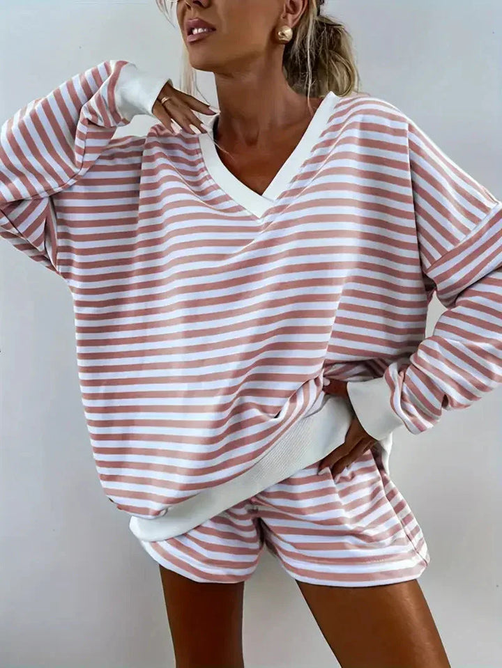 NOLANI™ – Relaxed Fit Striped V-Neck Lounge Set - MABEL LONDON