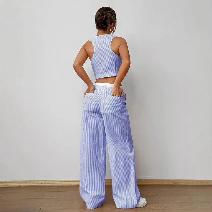 DULCE™ – Elegant Sleeveless Two-Piece Striped Lounge Set - MABEL LONDON