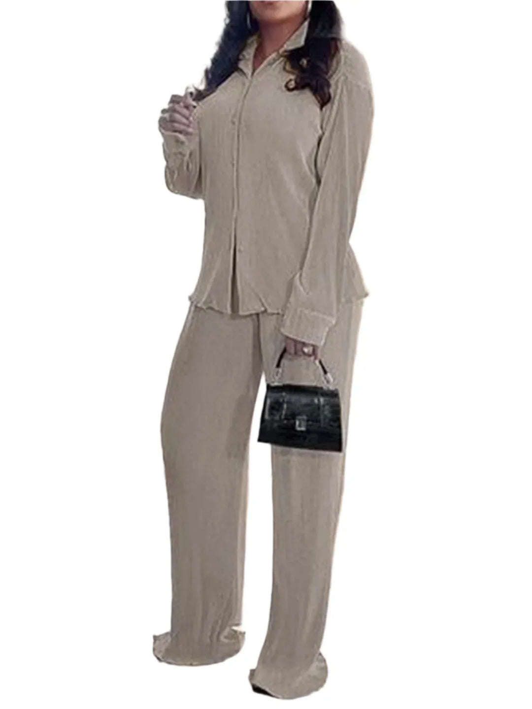 CLEO™ – Chic Collared Long Sleeve and Wide-Leg Pant Set - MABEL LONDON