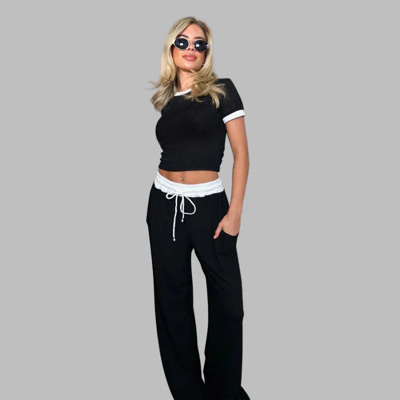 PLATU™ - Casual Short Sleeve and Wide Leg Pants Set - MABEL LONDON