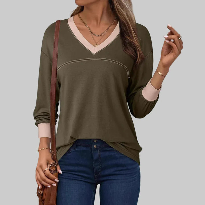 ANESHA™ - Casual Long Sleeve V-Neck Top - MABEL LONDON