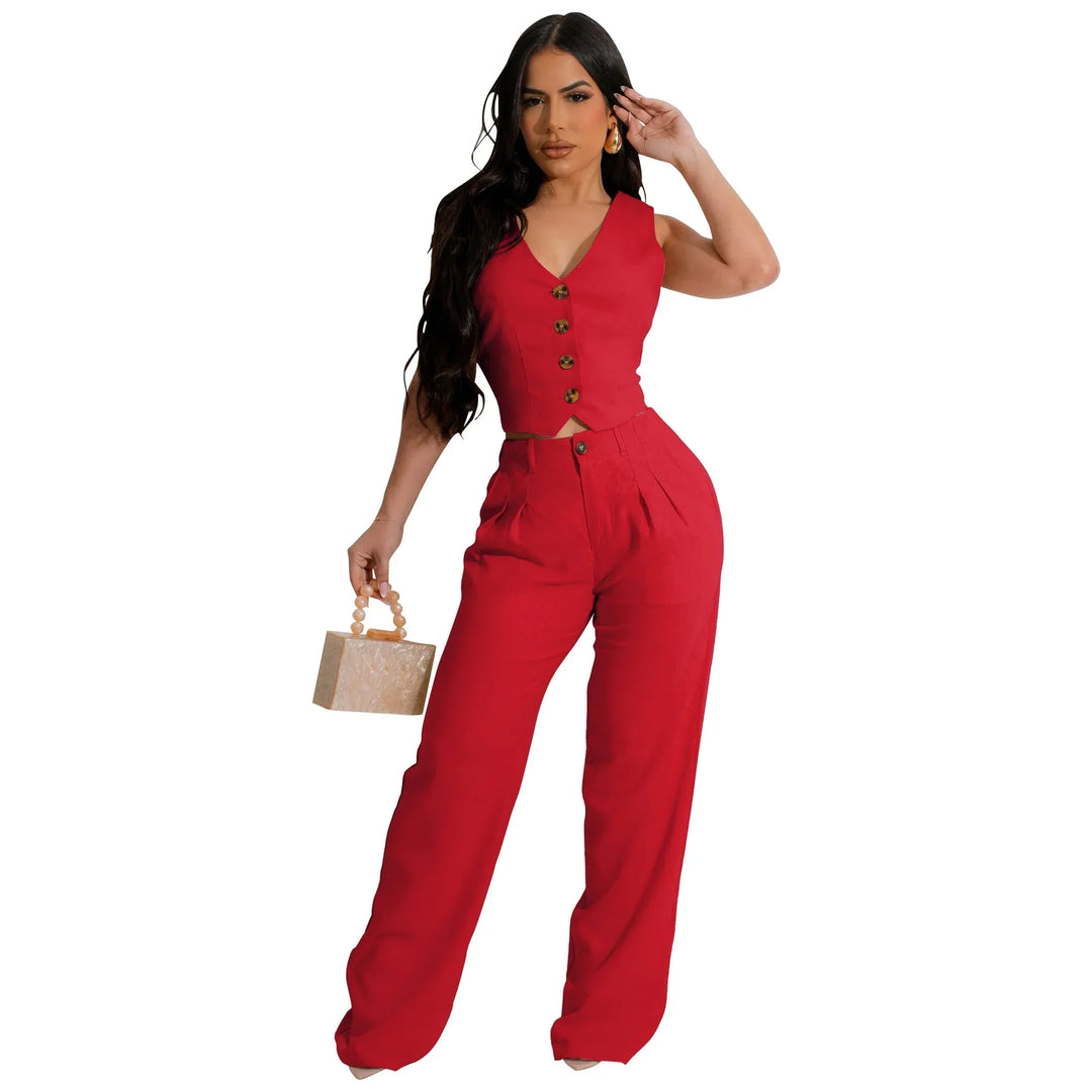 FONORA™ - Elegant V-Neck Crop Tank and High Waist Pants Set - MABEL LONDON