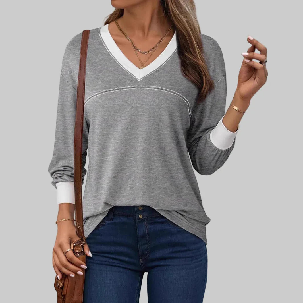 ANESHA™ - Casual Long Sleeve V-Neck Top - MABEL LONDON