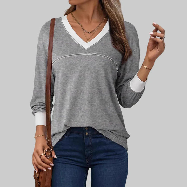 ANESHA™ - Casual Long Sleeve V-Neck Top - MABEL LONDON