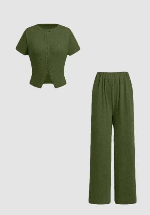 MIRANDA™ - Casual Button Front Top and Wide Leg Pants Set - MABEL LONDON