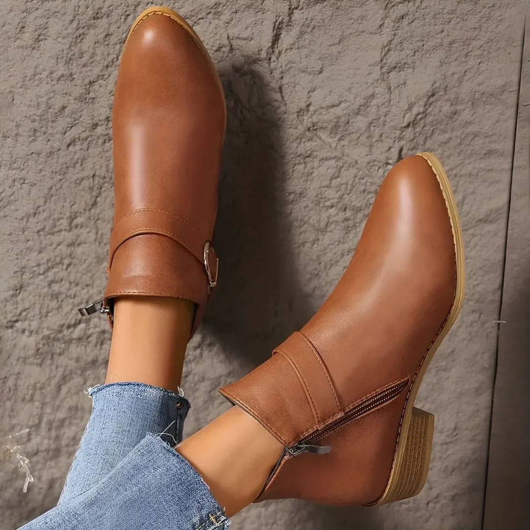 Bethany I Brown Buckle Ankle Boots - MABEL LONDON