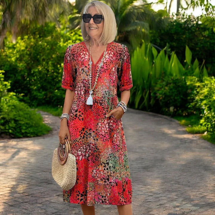 ASHLEY™ – Printed V-Neck Midi Dress - MABEL LONDON