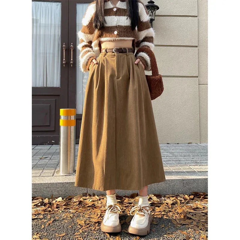 ESTELLE™ – Classic Belt Corduroy Midi Skirt - MABEL LONDON