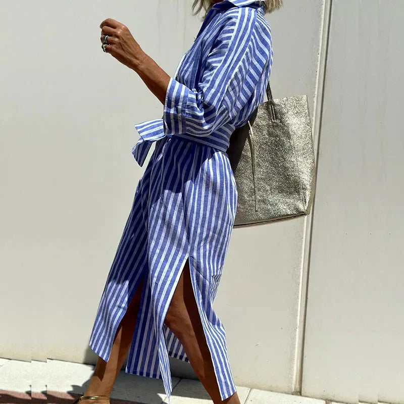 TRIXIE™ - Elegant Striped Shirt Dress - MABEL LONDON