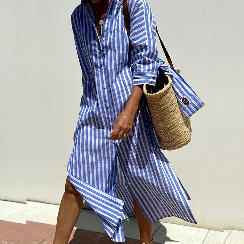 TRIXIE™ - Elegant Striped Shirt Dress - MABEL LONDON