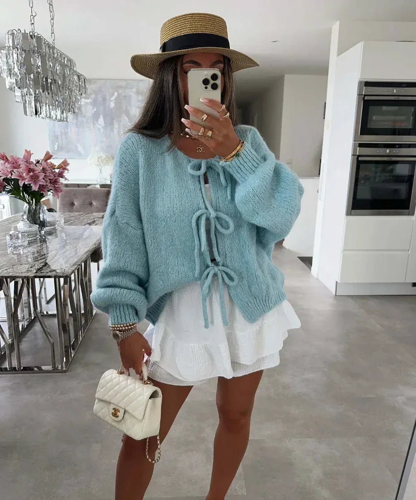 Eva | Knitted Bow Cardigan - MABEL LONDON