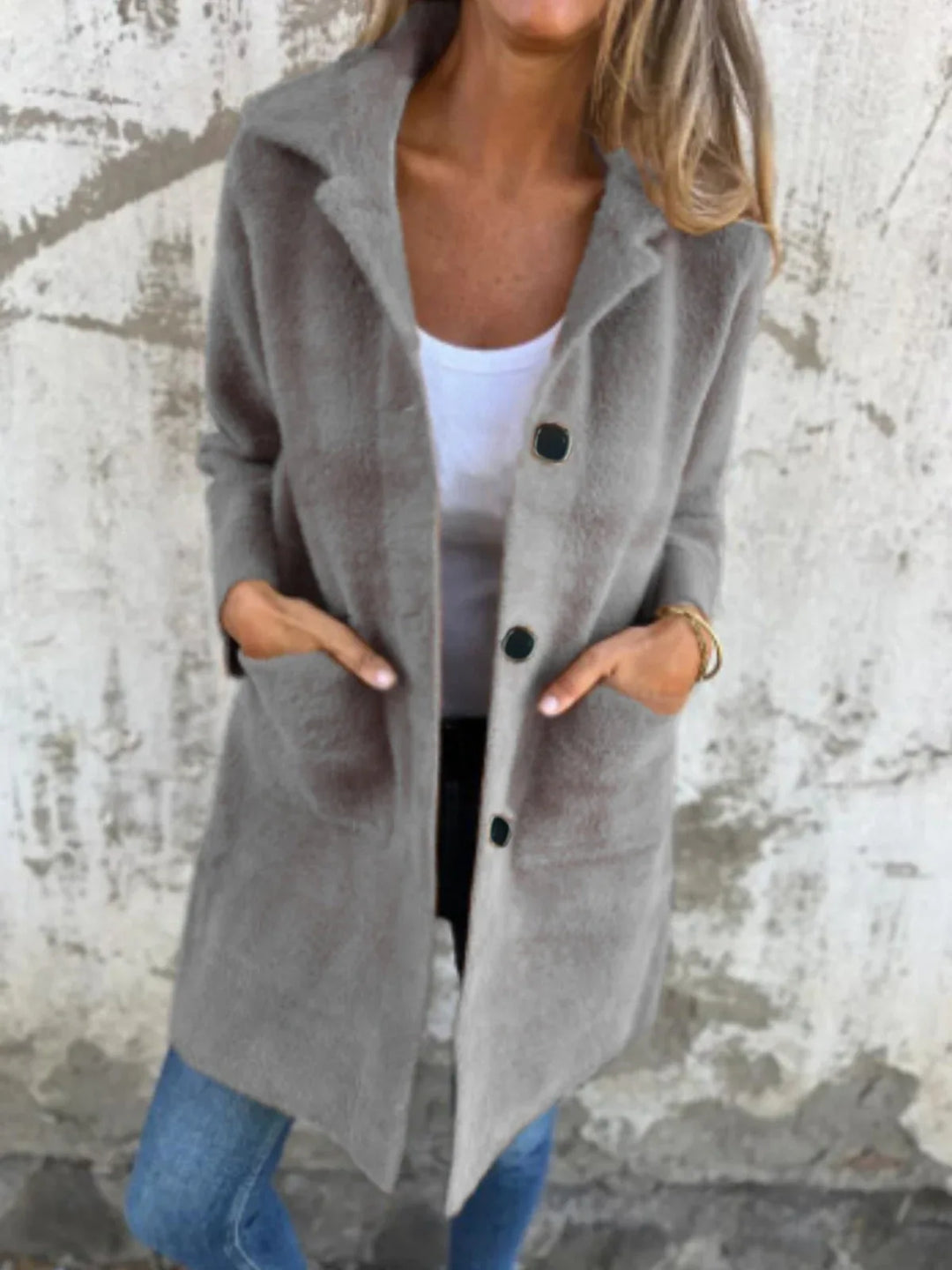 Morwenna | Long Sleeve Button Coat with Pockets - MABEL LONDON