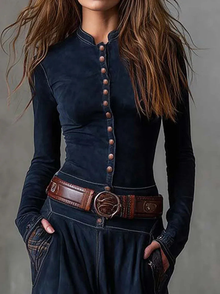 Navy Plaid Paneled Vintage Suede Maxi Dress(with belt) - MABEL LONDON